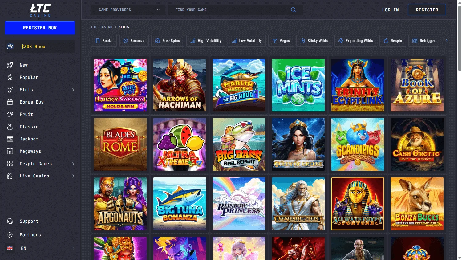 LTC Casino desktop games area with slots and casino game categories