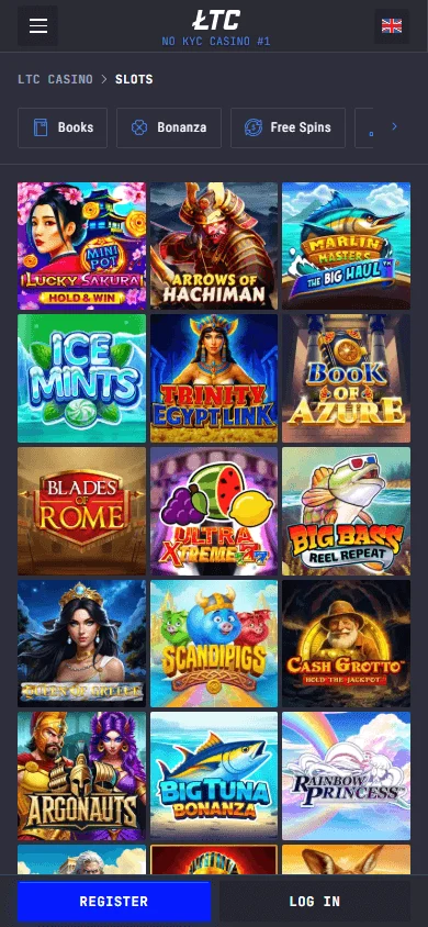 LTC Casino mobile games area with casino titles available in a phone browser