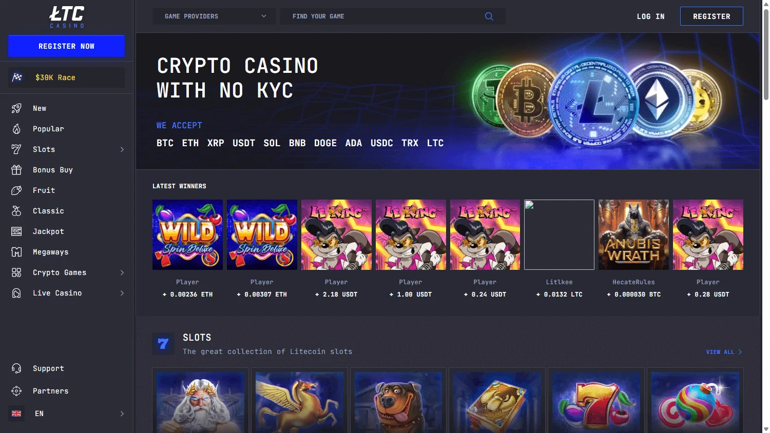 LTC Casino desktop homepage with crypto casino content and account access