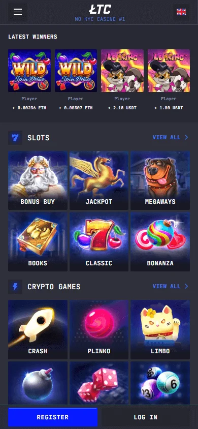 LTC Casino mobile homepage opened in a responsive phone browser